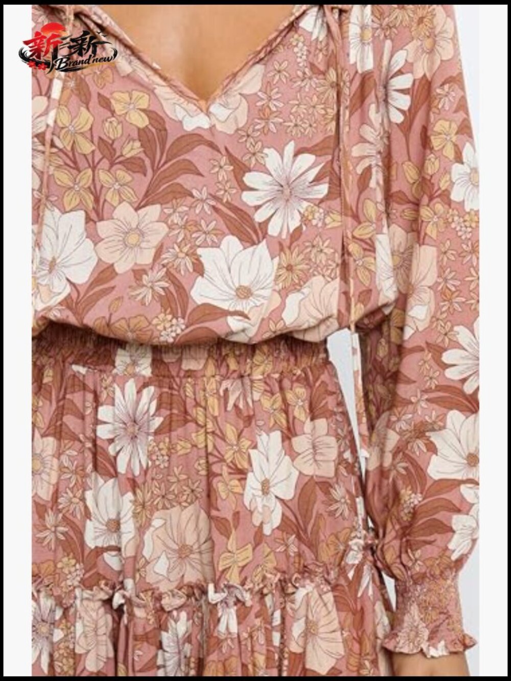 A-Line Mini Dress with Ruffle Neckline and Long Sleeves - Picture 6 of 6